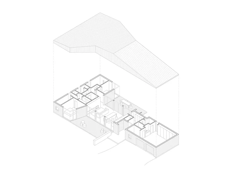 Exploded axonometric drawing revealing the interior room layout beneath the lifted roof assembly