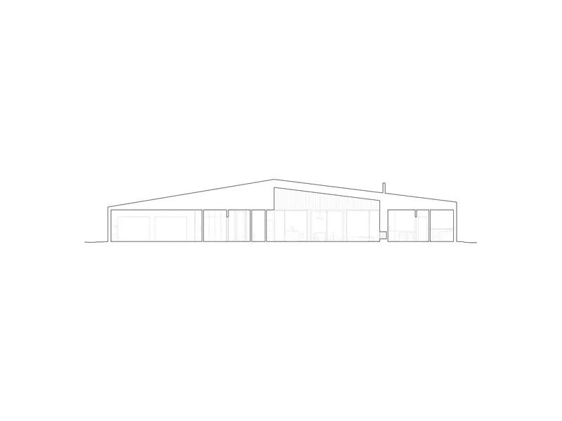 Elevation drawing showing the low-slung profile with varied rooflines and glazed openings