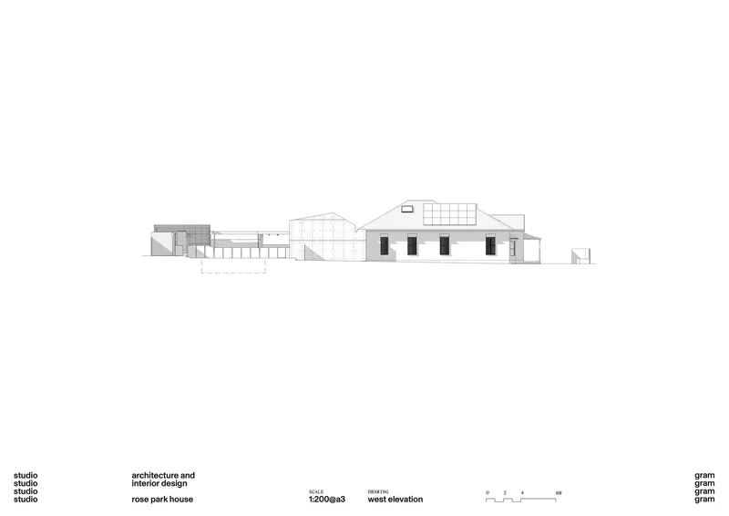 West elevation drawing featuring a horizontal composition with multiple roof forms and evenly spaced vertical window openings