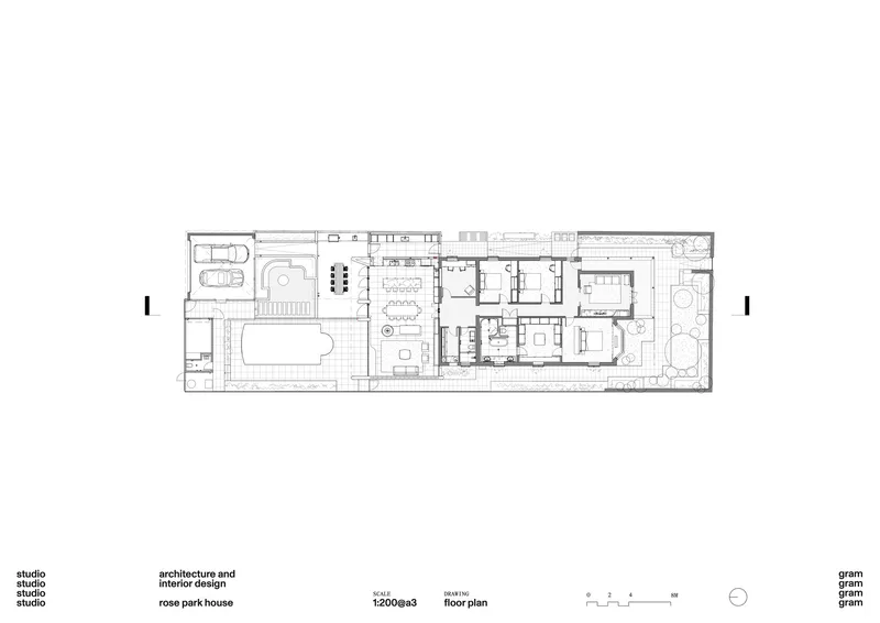 Floor plan drawing showing linear arrangement of rooms with pool and garage at opposite ends