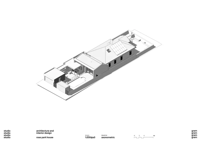 Axonometric drawing revealing interior courtyard and spatial organization within elongated rectangular volume