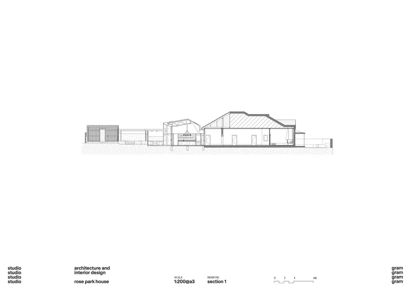 Section drawing showing a series of interconnected volumes with varying roof heights and internal spatial divisions