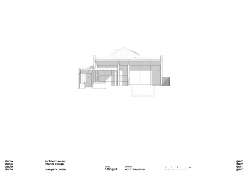 North elevation drawing depicting a low-slung residence with large window openings and a pitched roof element
