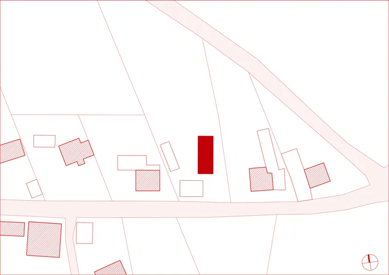 Site plan drawing showing rectangular building footprint highlighted in red among neighboring structures and property lines