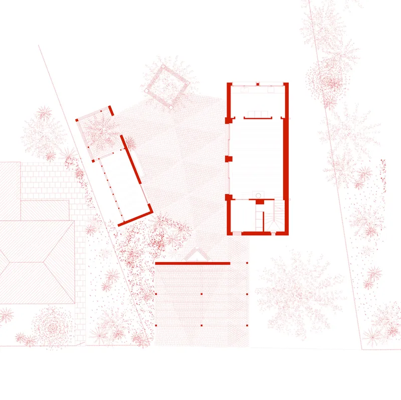 Site plan drawing showing two building volumes surrounded by landscaping and paved areas with tree canopies rendered