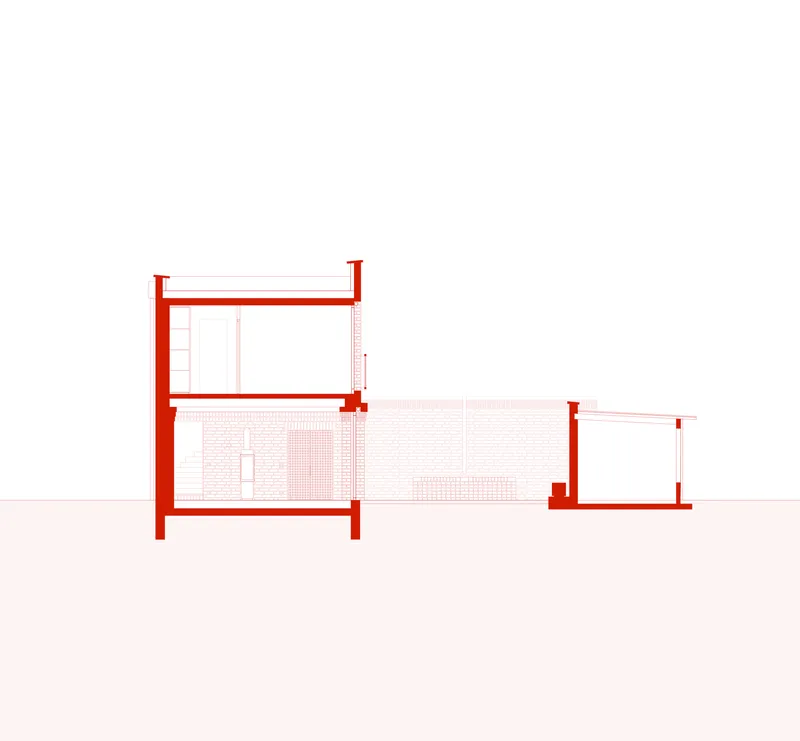 Section drawing showing two-story brick volume connected to single-story wing with exposed structural elements in red