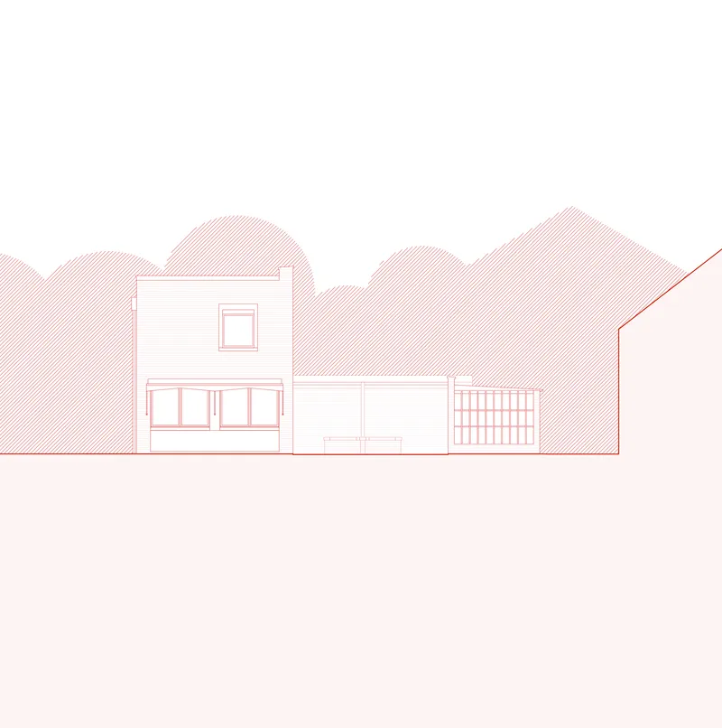 Elevation drawing showing a two-story volume with windows and a gridded section against hatched tree canopies