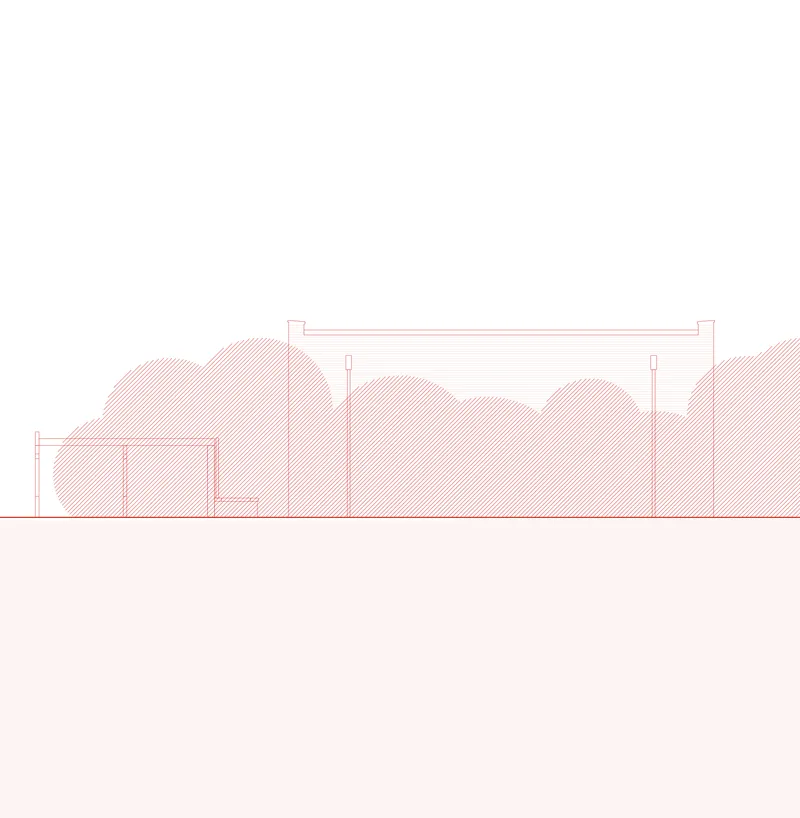 Section drawing depicting a flat-roofed structure nestled among rendered tree forms with hatched shading