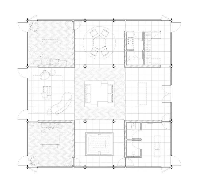 Floor plan drawing showing rooms arranged around a central open space with structural grid and furniture layout indicated