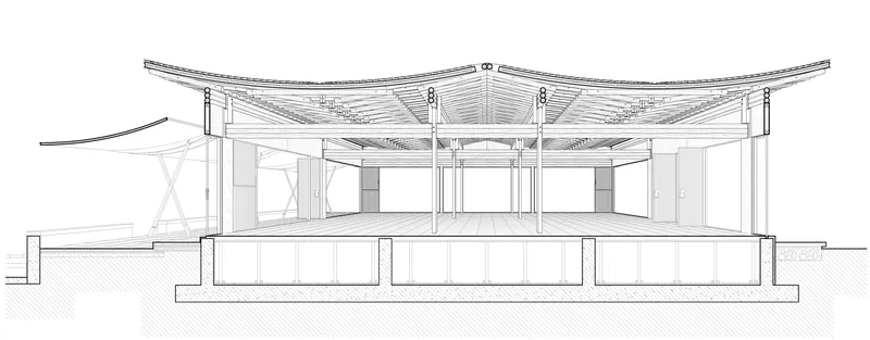 Section drawing showing the three-lobed roof structure with exposed timber framing and central core