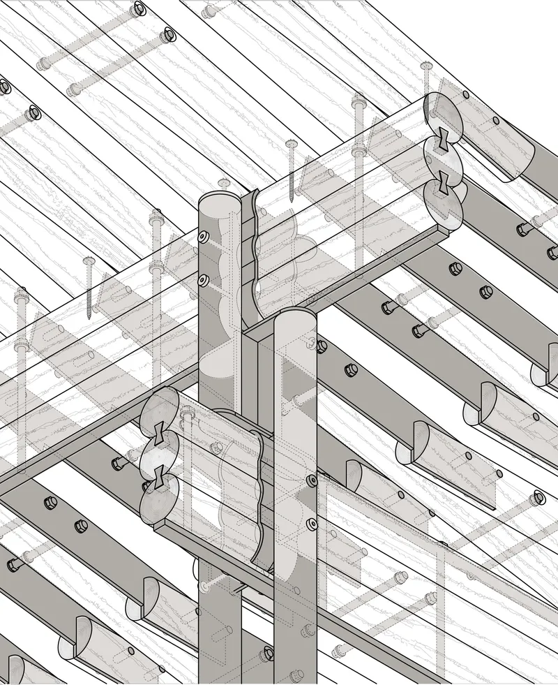 Axonometric detail drawing of the timber joint connections with metal brackets and decking above