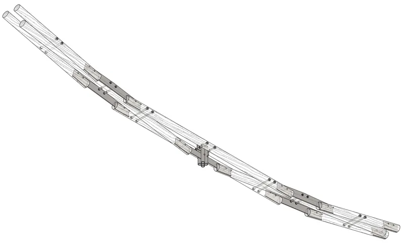 Axonometric drawing of a single curved roof beam showing the structural assembly and connection plates