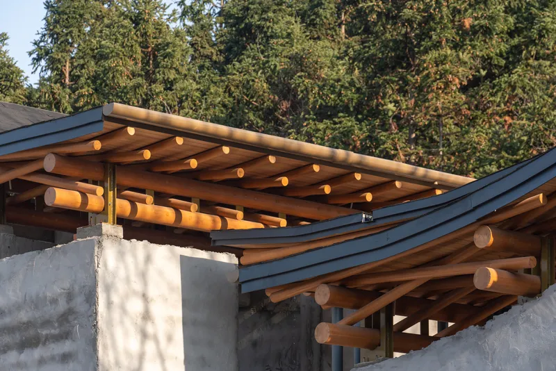 Detail of timber roof beams with cylindrical log ends projecting beyond concrete retaining wall