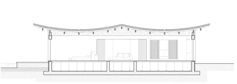 Section drawing showing a curved roof structure above three interior volumes with glazed openings