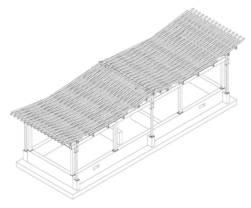 Axonometric drawing revealing the slatted roof assembly supported by columns and structural frame below