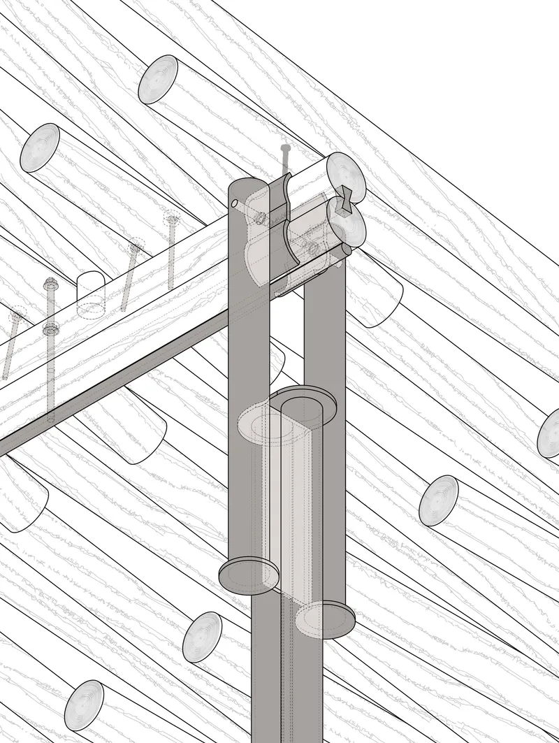 Detail drawing of a column bracket connection to tubular roof members and support beams