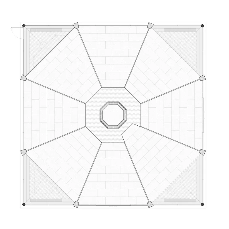 Roof plan drawing showing six pentagonal volumes radiating from an octagonal central core