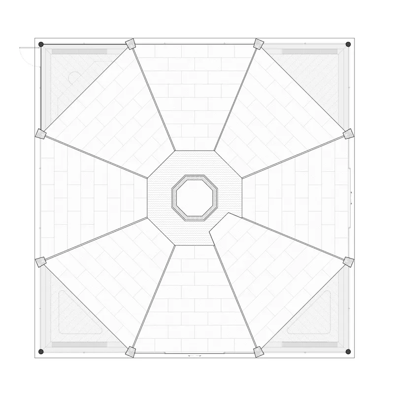 Plan drawing depicting six angled roof planes arranged around a central octagonal void