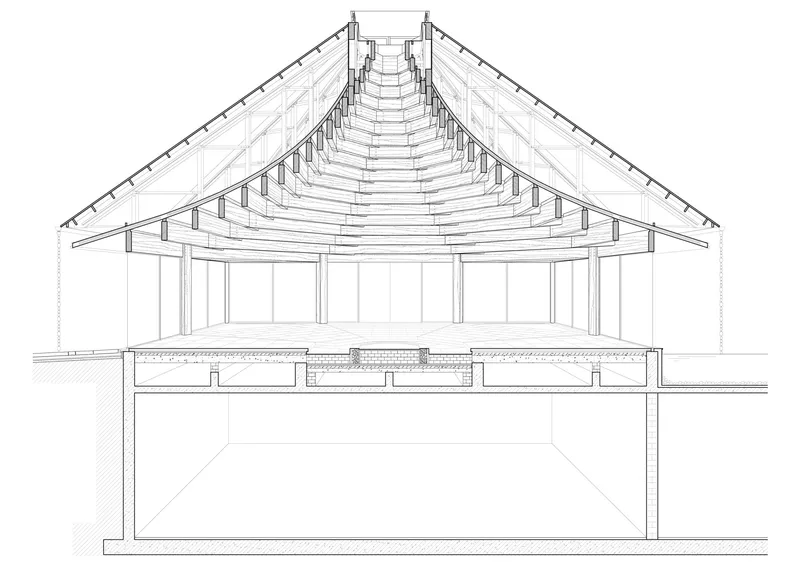 Section drawing showing the stepped timber roof structure above a recessed lower level