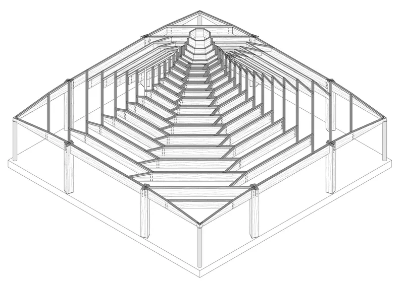 Axonometric drawing of the pyramidal timber roof frame with perimeter columns and central skylight