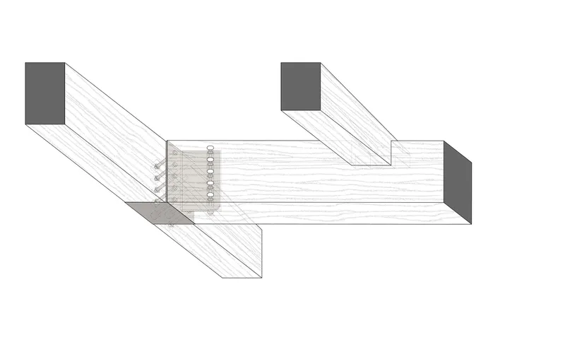 Isometric detail drawing of a timber beam joinery connection with metal fasteners