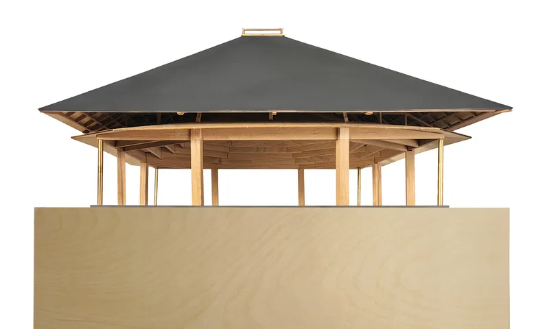 Elevation rendering of the pavilion with dark overhanging roof and exposed timber columns