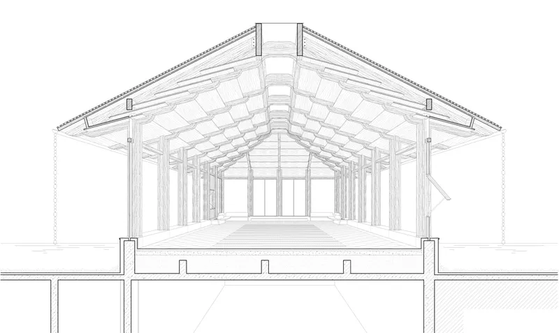 Section drawing through the interior hall with exposed timber beams and coffered ceiling structure