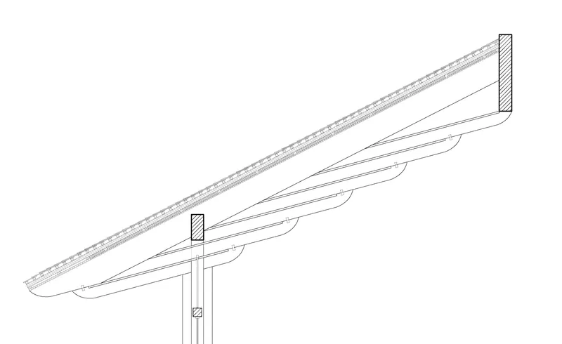 Section drawing showing layered roof assembly supported by vertical column with internal conduits