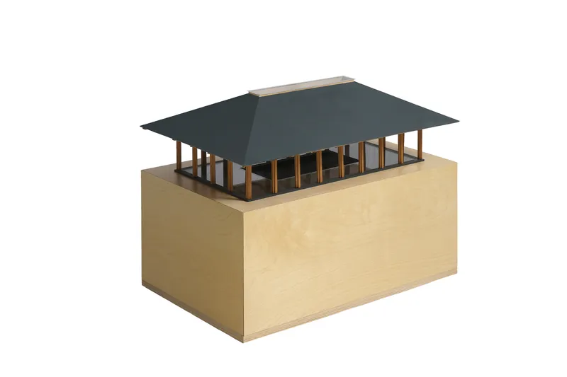 Axonometric view of timber post and beam pavilion structure with dark hipped roof above plywood base
