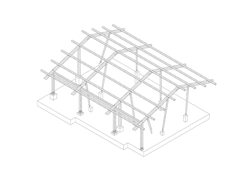 Isometric drawing of sloped roof framing system with columns anchored to concrete foundation pads