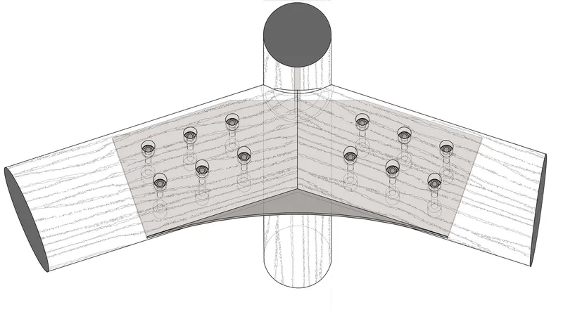 Detail drawing of angled timber beam connection to cylindrical column with through-bolts and metal plate