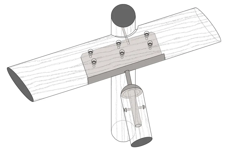 Axonometric detail of curved roof beam anchored to tubular column with mechanical fasteners