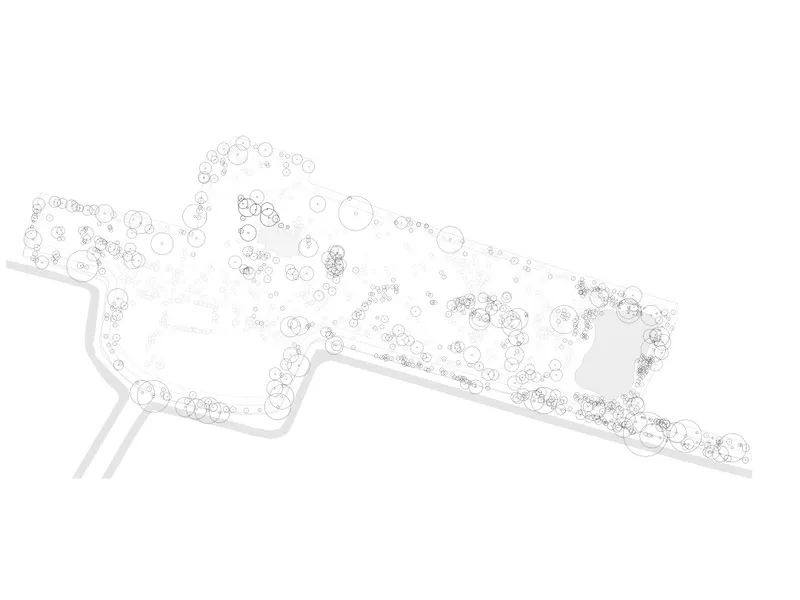 Site plan drawing showing scattered circular tree symbols across an elongated irregular plot with a central path