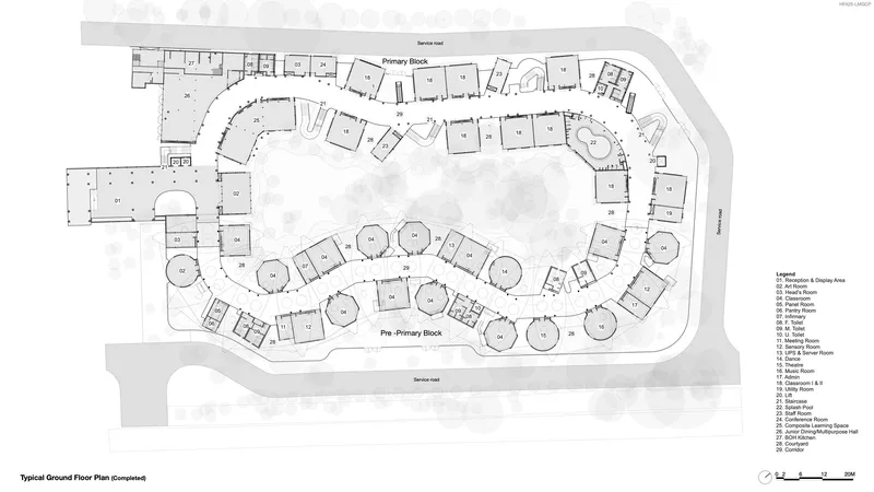 Ground floor plan drawing depicting circular classroom pods arranged around a central courtyard