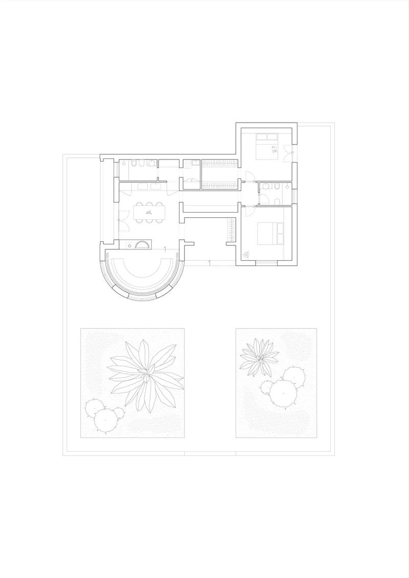 Floor plan drawing showing living areas with curved wall and two courtyards with planted beds