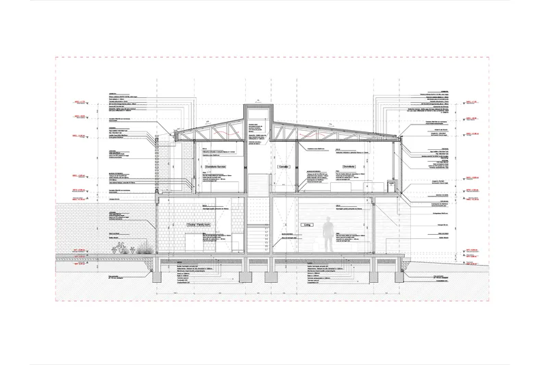 Detailed section drawing with construction annotations showing structural system and material assemblies