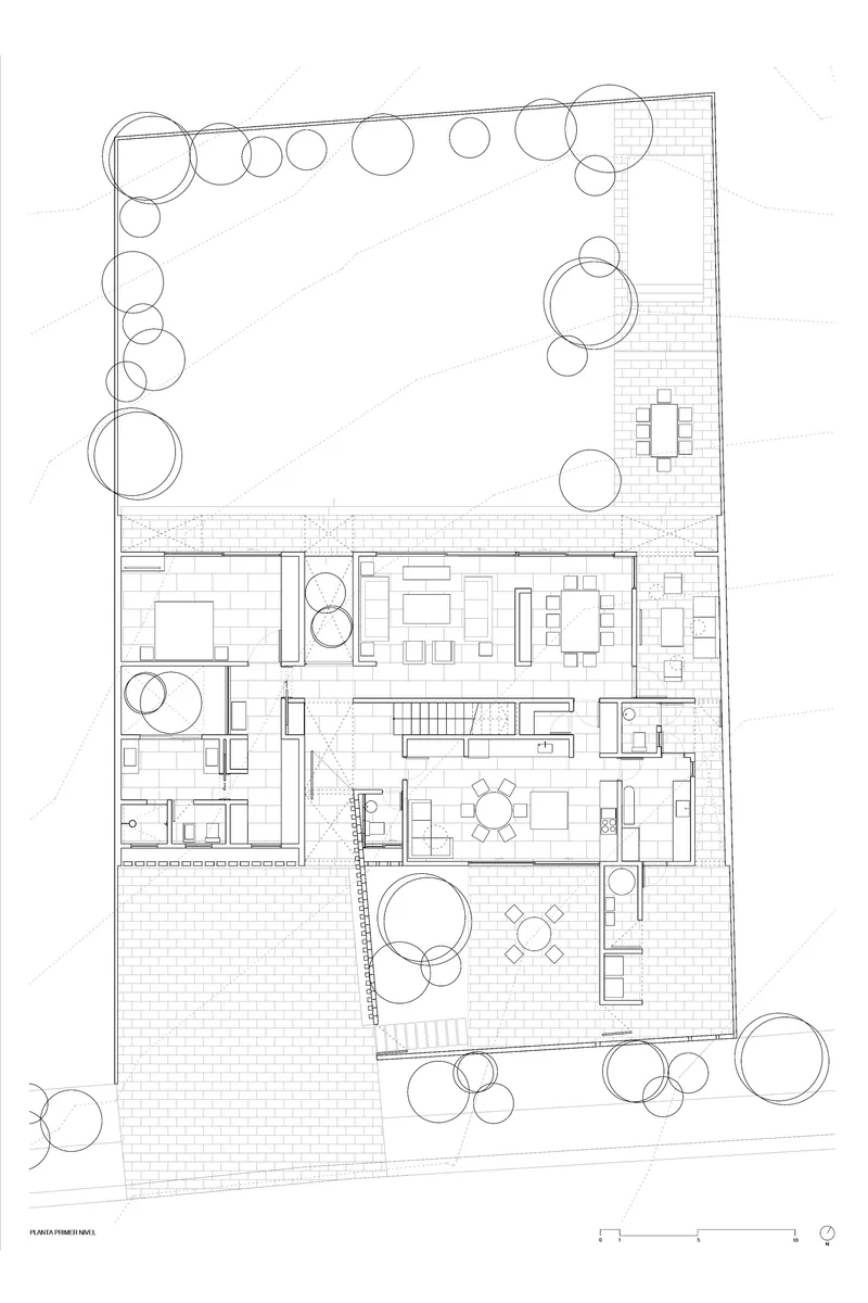 Ground floor plan drawing showing interior rooms and terraces surrounded by circular tree symbols