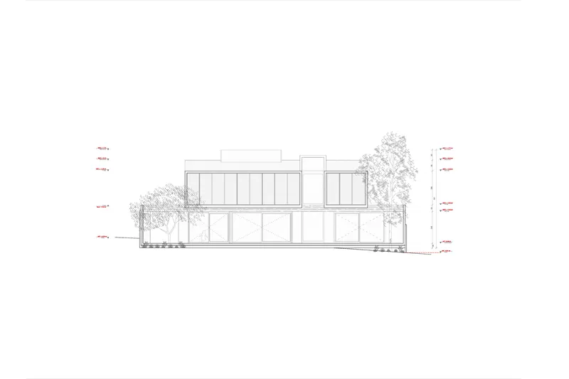 Elevation drawing depicting two-story glazed facade with adjacent trees and annotation labels
