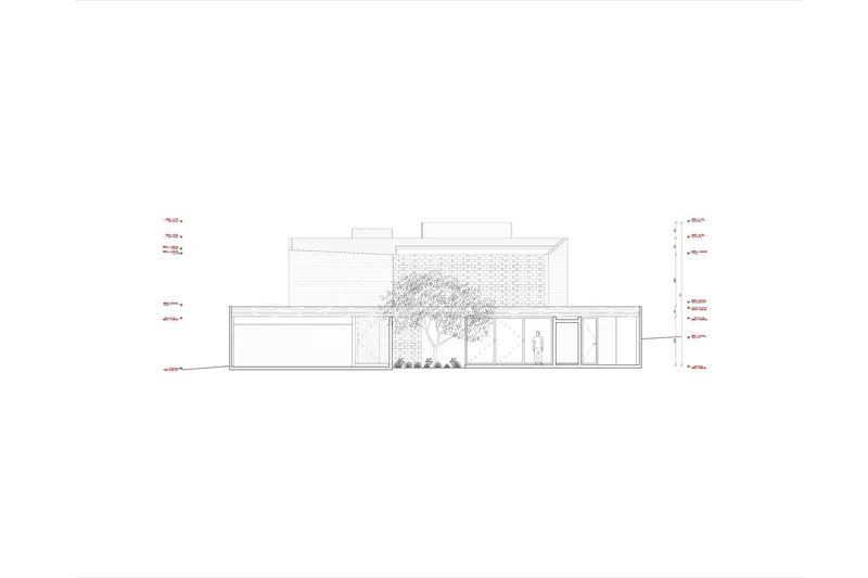Section drawing showing interior courtyard with tree and perforated brick screen above