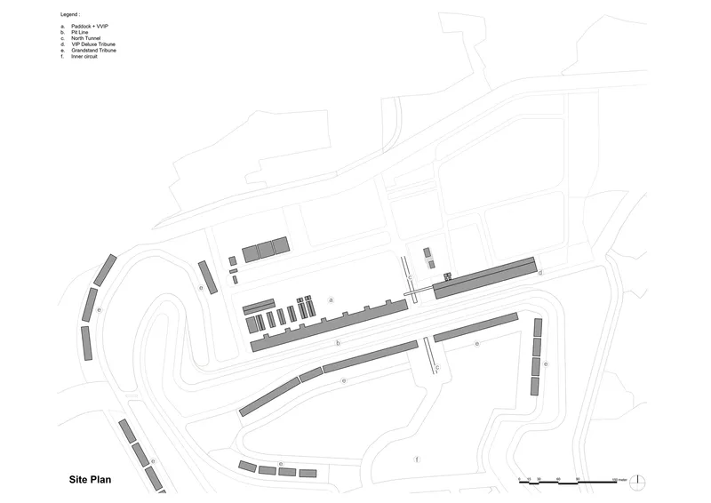 Site plan drawing showing linear building volumes arranged parallel to contour lines