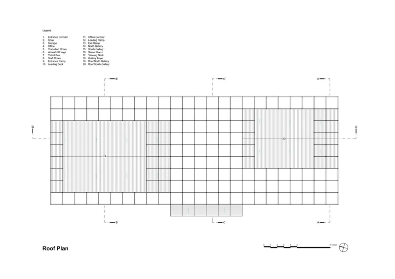 Roof plan drawing showing two rectangular volumes with grid patterns indicating roof surfaces