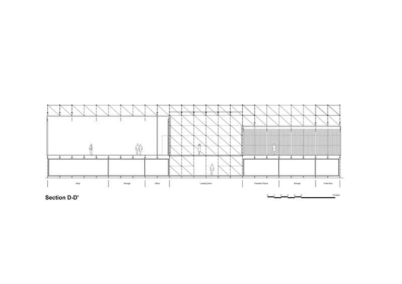 Longitudinal section drawing revealing the exposed truss roof structure spanning multiple interior spaces