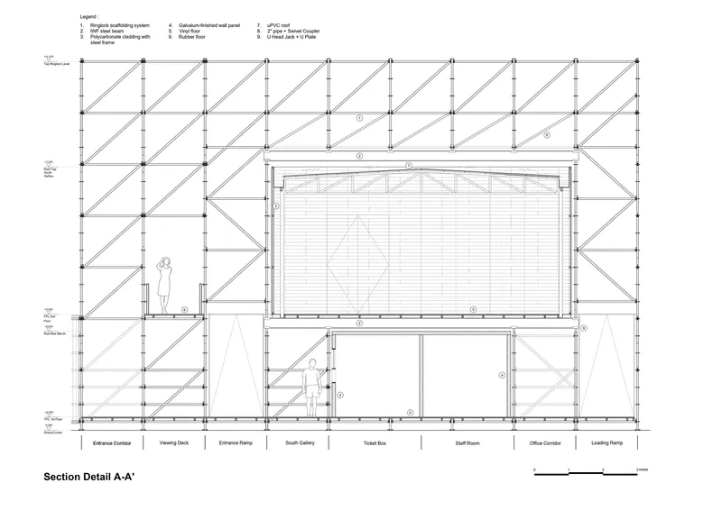Detailed section drawing showing the steel diagonal bracing system with human figure for scale