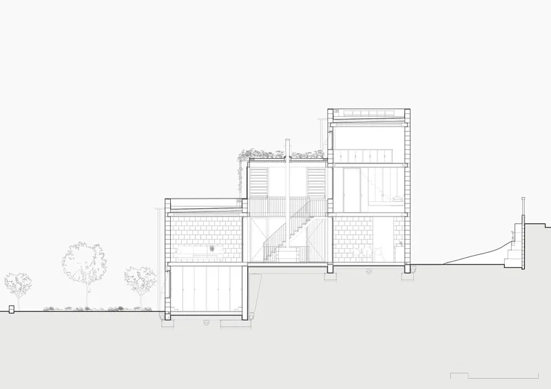 Section drawing showing a multi-level residence with staircase, brick walls, and rooftop planting alongside adjacent trees