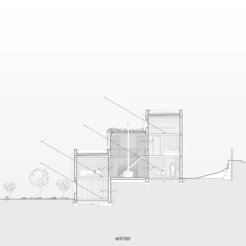 Section drawing annotated with arrows illustrating passive ventilation and thermal flows in winter conditions