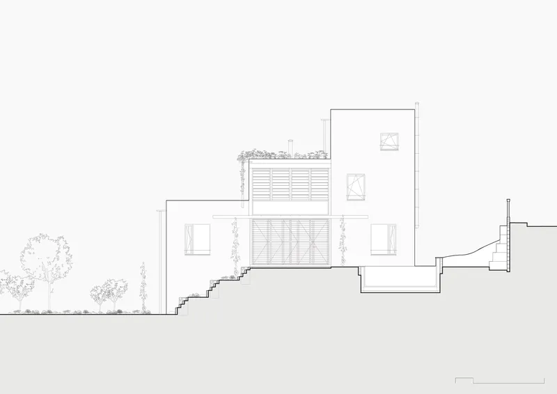 Elevation drawing of stacked volumes with louvered screens, terraced gardens, and stepped foundation on sloping ground