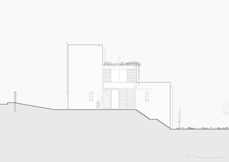 Section drawing showing stepped volumes descending a sloped site with planted roof terraces