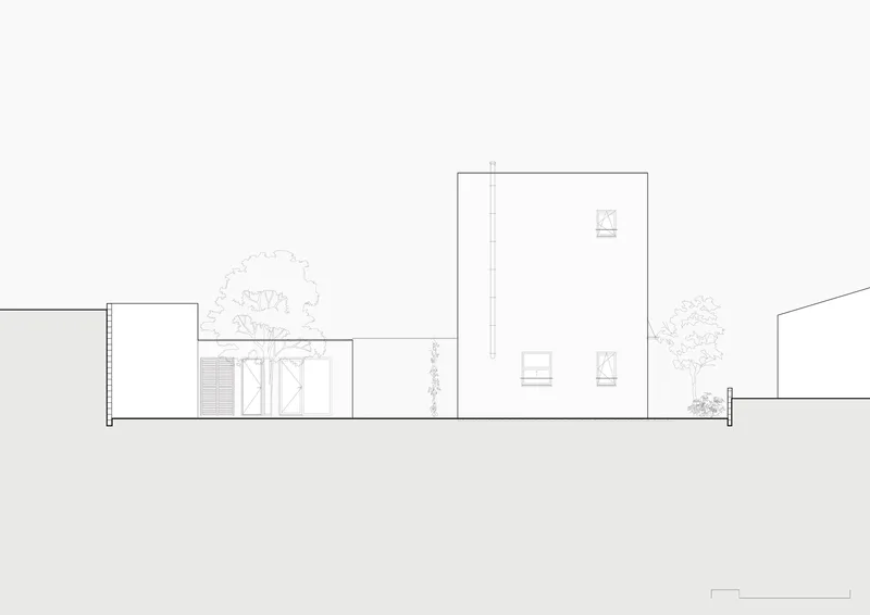 Section drawing showing single-story volumes with a tall vertical volume and mature trees