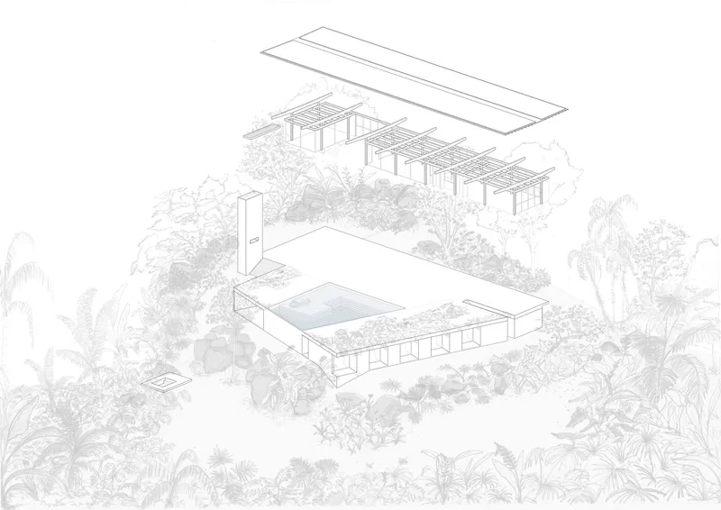 Axonometric drawing showing two connected pavilions with central courtyard pool surrounded by landscaping