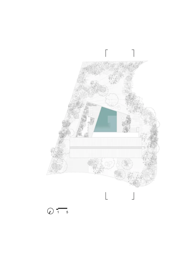 Site plan drawing showing a rectangular volume and triangular pool surrounded by trees
